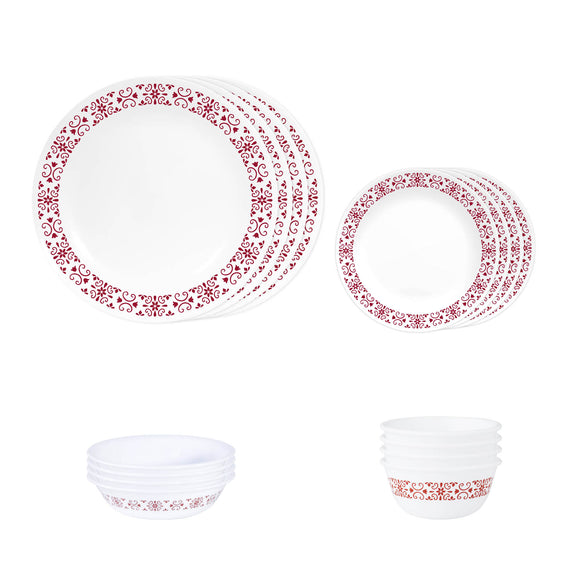 Corelle Livingware Red Trellis 16 Pcs Nuclear Family Set (Pack of 16) 4 26cm Dinner Plates, 4 17cm Small Plates, 296ml Dessert Bowl & 177ml Katori