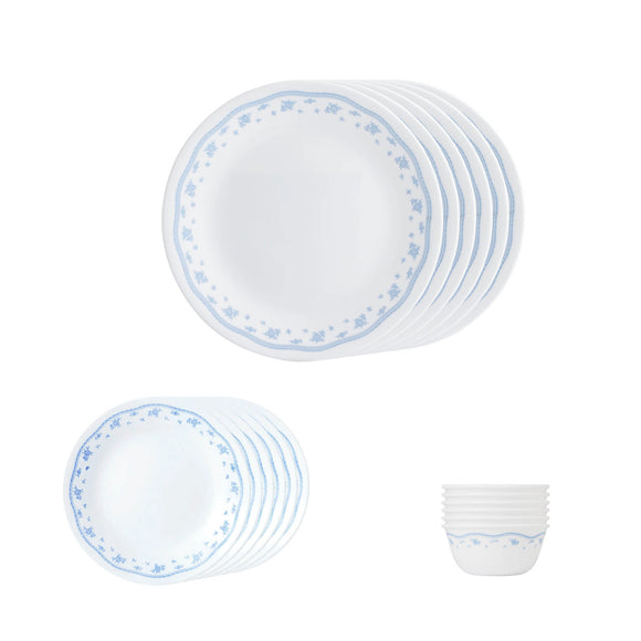 Corelle Livingware Morning Blue Guest Set (Pack of 18) - 6 Dinner Plate(26 cm), 6 Small Plate (17 cm) & 6 Katori (177 ml)