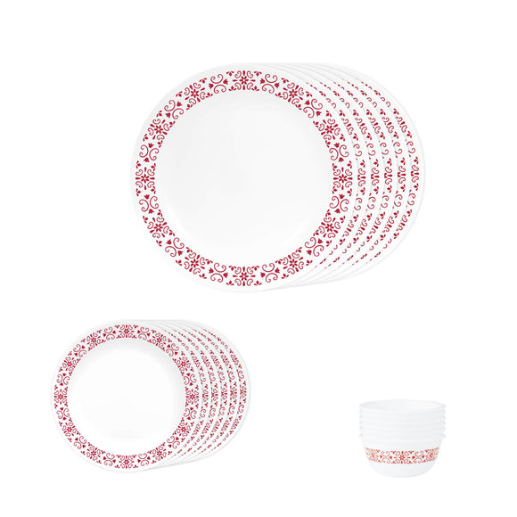 Corelle Livingware Red Trellis Utility Set (Pack of 12) 4 26cm Dinner Plate, 4 17cm Small Plate & 4 177 ml Katori