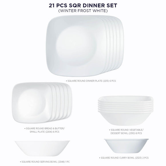 Corelle Asia Collection Square Round Winter Frost White 21 Pcs Dinner Set