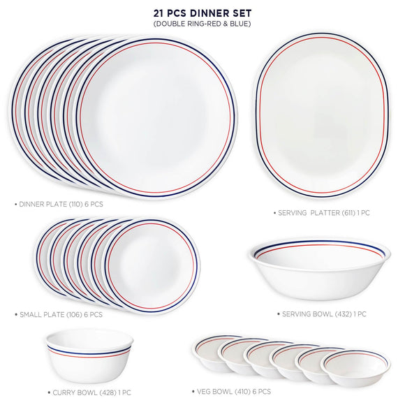 Corelle Livingware Double Ring Red N Blue 21 Pcs Dinner Set