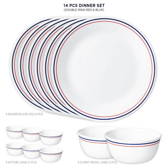 Corelle Livingware Series Double Ring Red-N-Blue Pattern 14 Pcs Dinner Set