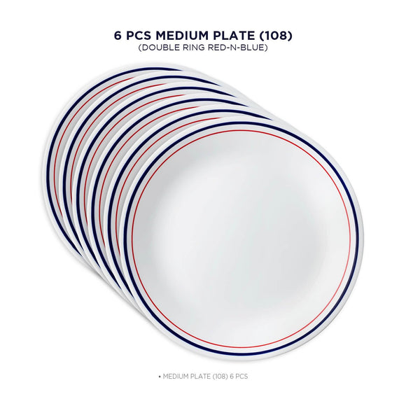 Corelle Livingware Collection Double Ring Red-N-Blue Series 22 Cm Medium Plate Pack Of 6