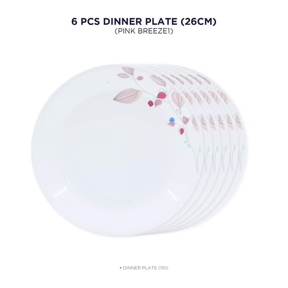 Corelle Pink Breeze1 26 cm Dinner Plate Pack Of 6 | For Family of 6 | Break & Chip Resistant | Lightweight & Durable | Microwave & Dishwasher Safe