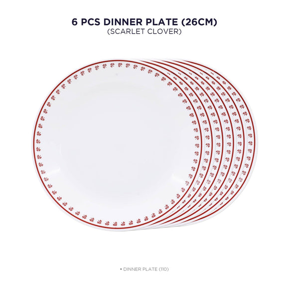 Corelle Scarlet Clover 26 cm Dinner Plate Pack Of 6 | For Family of 6 | Break & Chip Resistant | Lightweight & Durable | Microwave & Dishwasher Safe