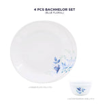 Corelle Blue Floral Bachelor Set (K) - 4 Pcs | For Family of 2| Break & Chip Resistant | Lightweight & Durable | Microwave & Dishwasher Safe