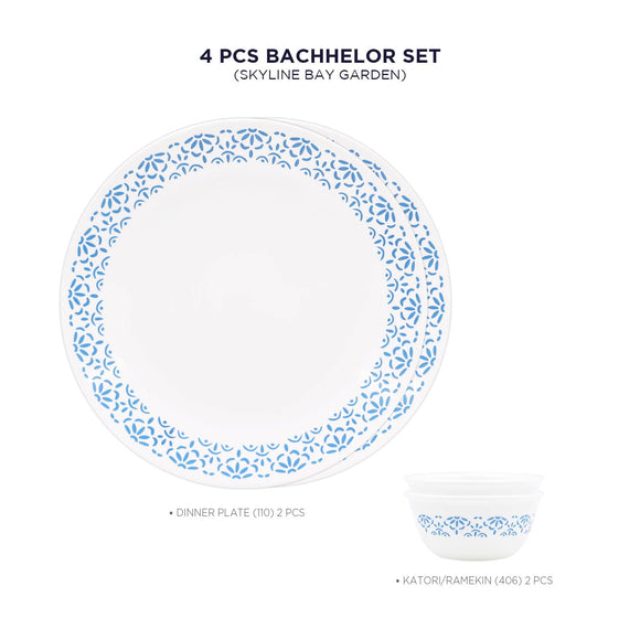 Corelle Skyline Bay Garden - 4 Pcs Bachelor Set (K) | For Family of 2| Break & Chip Resistant | Lightweight & Durable | Microwave & Dishwasher Safe