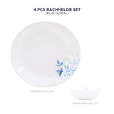 Corelle Blue Floral Bachelor Set (VDB) - 4 Pcs| For Family of 2 |Break & Chip Resistant | Lightweight & Durable | Microwave & Dishwasher Safe