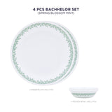 Corelle Spring Blossom Mint - 4 Pcs Bachelor Set (VDB) | For Family of 2| Break & Chip Resistant | Lightweight & Durable | Microwave & Dishwasher Safe