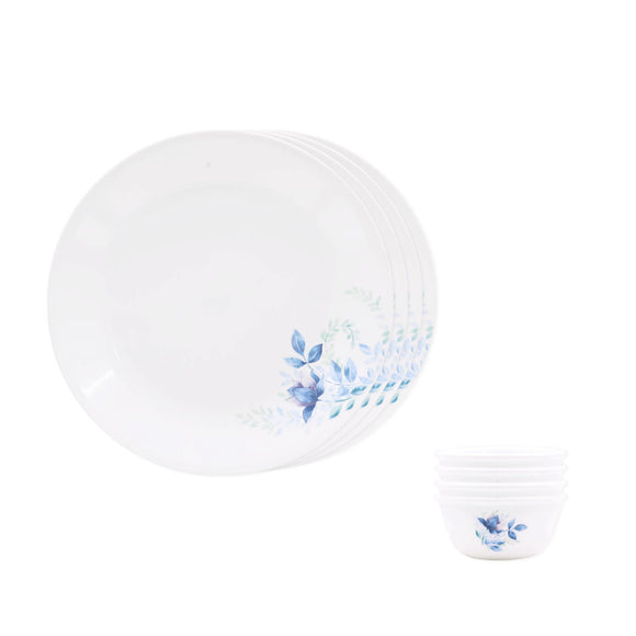 Corelle Blue Floral Mini Dining Set (K) - 8 Pcs | For Family of 4 | Break & Chip Resistant | Lightweight & Durable | Microwave & Dishwasher Safe