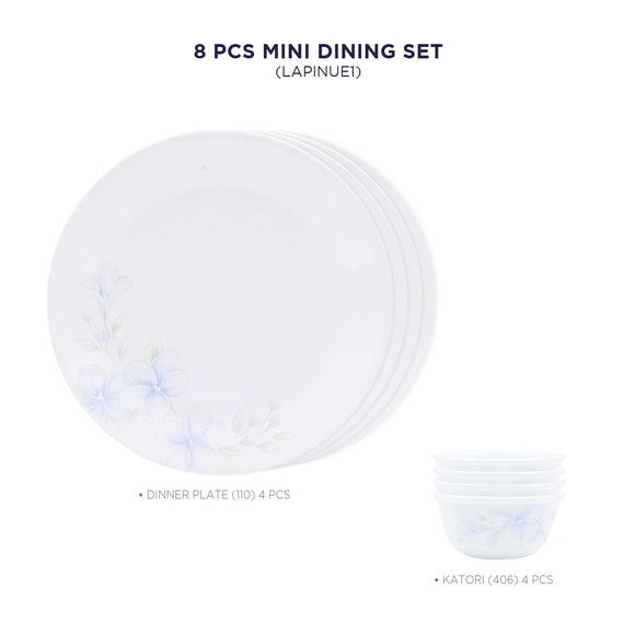 Corelle Lapinue1 - 8 Pcs Mini Dining Set (K) | For Family of 4| Break & Chip Resistant | Lightweight & Durable | Microwave & Dishwasher Safe