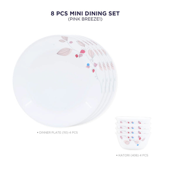 Corelle Pink Breeze1 - 8 Pcs Mini Dining Set (K) | For Family of 4| Break & Chip Resistant | Lightweight & Durable | Microwave & Dishwasher Safe