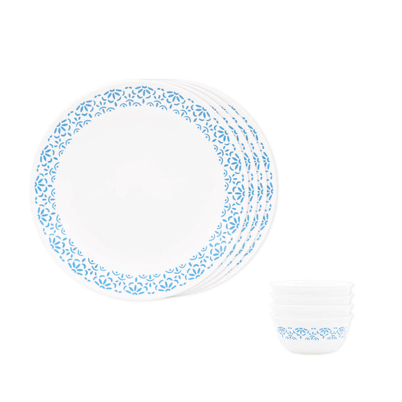 Corelle Skyline Bay Garden - 8 Pcs Mini Dining Set (K) | For Family of 4| Break & Chip Resistant | Lightweight & Durable | Microwave & Dishwasher Safe