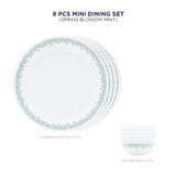 Corelle Spring Blossom Mint - 8 Pcs Mini Dining Set (K) | For Family of 4| Break & Chip Resistant | Lightweight & Durable | Microwave & Dishwasher Safe