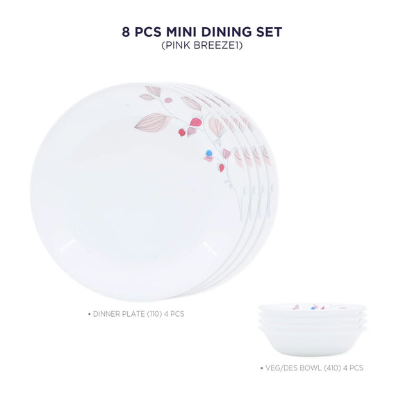 Corelle Pink Breeze1 - 8 Pcs Mini Dining Set (VDB) | For Family of 4| Break & Chip Resistant | Lightweight & Durable | Microwave & Dishwasher Safe