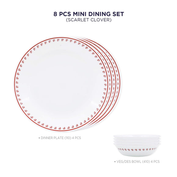 Corelle Scarlet Clover - 8 Pcs Mini Dining Set (VDB) | For Family of 4| Break & Chip Resistant | Lightweight & Durable | Microwave & Dishwasher Safe