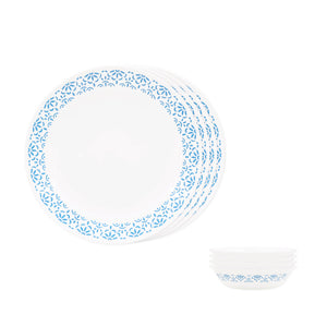 Corelle Skyline Bay Garden - 8 Pcs Mini Dining Set (VDB) | For Family of 4| Break & Chip Resistant | Lightweight & Durable | Microwave & Dishwasher Safe