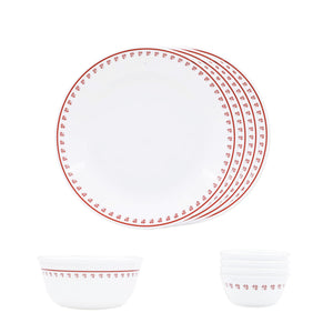 Corelle Scarlet Clover - 9 Pcs Mini Dining Set | For Family of 4| Break & Chip Resistant | Lightweight & Durable | Microwave & Dishwasher Safe