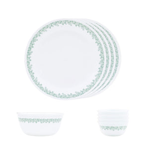 Corelle Spring Blossom Mint - 9 Pcs Mini Dining Set | For Family of 4| Break & Chip Resistant | Lightweight & Durable | Microwave & Dishwasher Safe