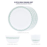 Corelle Spring Blossom Mint - 9 Pcs Mini Dining Set | For Family of 4| Break & Chip Resistant | Lightweight & Durable | Microwave & Dishwasher Safe