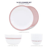 Corelle Scarlet Clover Dinner Set - 14 Pcs | For Family of 6 | Break & Chip Resistant | Lightweight & Durable | Microwave & Dishwasher Safe