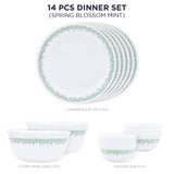 Corelle Spring Blossom Mint Dinner Set - 14 Pcs | For Family of 6 | Break & Chip Resistant | Lightweight & Durable | Microwave & Dishwasher Safe