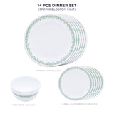 Corelle Spring Blossom Mint Dinner Set - 14 Pcs | For Family of 6 | Break & Chip Resistant | Lightweight & Durable | Microwave & Dishwasher Safe