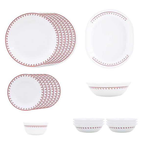 Corelle Scarlet Clover- 21 Pcs Dinner Set | For Family of 6| Break & Chip Resistant | Lightweight & Durable | Microwave & Dishwasher Safe