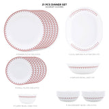 Corelle Scarlet Clover- 21 Pcs Dinner Set | For Family of 6| Break & Chip Resistant | Lightweight & Durable | Microwave & Dishwasher Safe