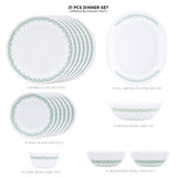 Corelle Spring Blossom Mint - 21 Pcs Dinner Set | For Family of 6| Break & Chip Resistant | Lightweight & Durable | Microwave & Dishwasher Safe