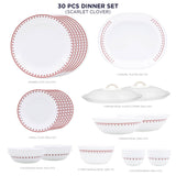 Corelle Scarlet Clover - 30 Pcs Dinner Set | For Family of 6| Break & Chip Resistant | Lightweight & Durable | Microwave & Dishwasher Safe