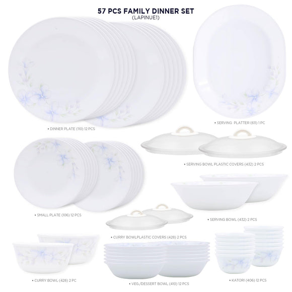 Corelle Lapinue1 - 57 Pcs Dinner Set | For Family of 12| Break & Chip Resistant | Lightweight & Durable | Microwave & Dishwasher Safe