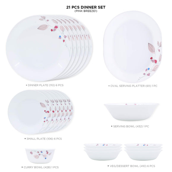 Corelle Pink Breeze1 - 57 Pcs Dinner Set | For Family of 12| Break & Chip Resistant | Lightweight & Durable | Microwave & Dishwasher Safe