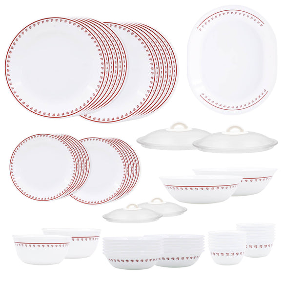 Corelle Scarlet Clover - 57 Pcs Dinner Set | For Family of 12| Break & Chip Resistant | Lightweight & Durable | Microwave & Dishwasher Safe