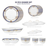 Corelle Asia Collection Gold Series - 32 Pcs Dinner Set - Gold Abundance (24k Gold) | For Family of 6 | Break & Chip Resistant | Lightweight & Durable | Microwave & Dishwasher Safe