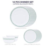 Corelle Spring Blossom Mint Dinner Set - 14 Pcs | For Family of 6 | Break & Chip Resistant | Lightweight & Durable | Microwave & Dishwasher Safe