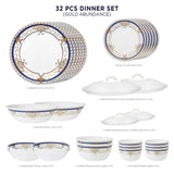 Corelle Round Asia Collection Gold Series - 32 Pcs Dinner Set - Gold Abundance (24k Gold) | For Family of 6 | Break & Chip Resistant | Lightweight & Durable | Microwave & Dishwasher Safe
