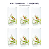 Set of six floral drinking glasses with Provence Garden design on a white background