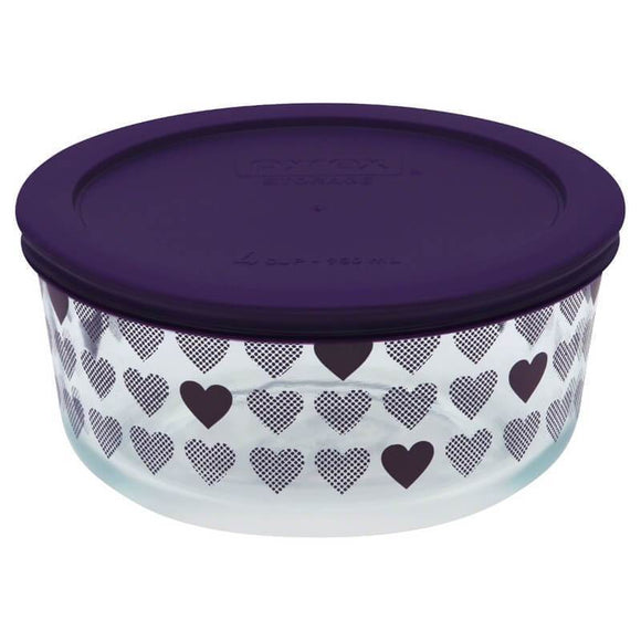 Pyrex Decorated Storage 4-cup/950ml Round Storage Purple Hearts WPC - Purple