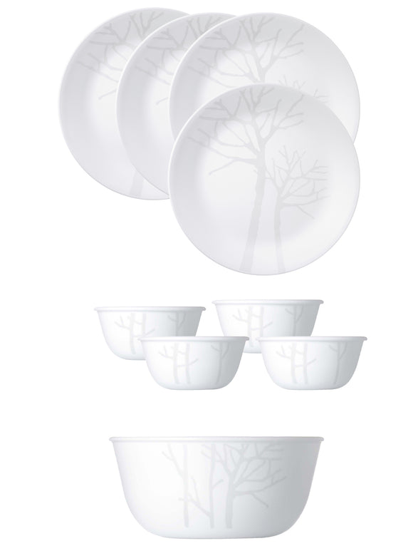 Corelle Asia Collection Gold Series Frost 4 26cm Dinner Plates, 4 177ml Katori & 1 828ml Curry Bowl (Pack of 9)
