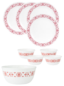 Corelle Livingware Red Trellis 4 26cm Dinner Plates, 4 177ml Katori & 1 828ml Curry Bowl (Pack of 9)