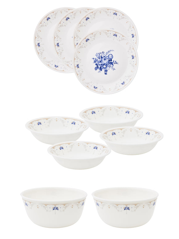 Corelle Asia Collection Gold Series Blooming Blue Basic / Mini / Starter Set (Pack of 10) 4 26cm Dinner Plates, 4 296ml Dessert Bowls, 2 828ml Curry Bowls