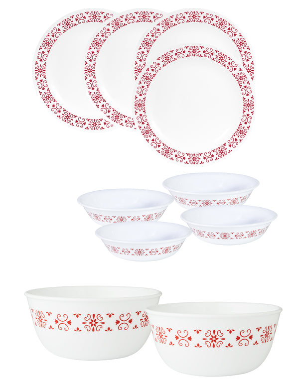 Corelle Livingware Red Trellis Basic / Mini / Starter Set (Pack of 10) 4 26cm Dinner Plates, 4 296ml Dessert Bowls, 2 828ml Curry Bowls