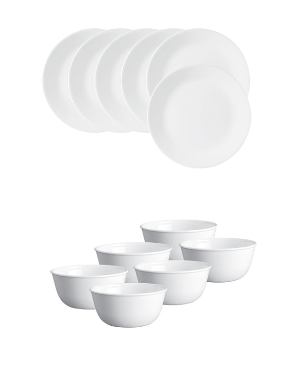 Corelle Livingware Winter Frost White Breakfast Set (Pack of 12) 6 26cm Dinner Plates & 6 177ml Katori