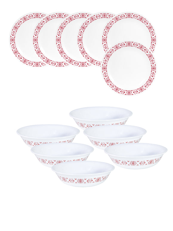Corelle Livingware Red Trellis Breakfast Set (Pack of 12) 6 26cm Dinner Plates, 6 296ml Dessert Bowl