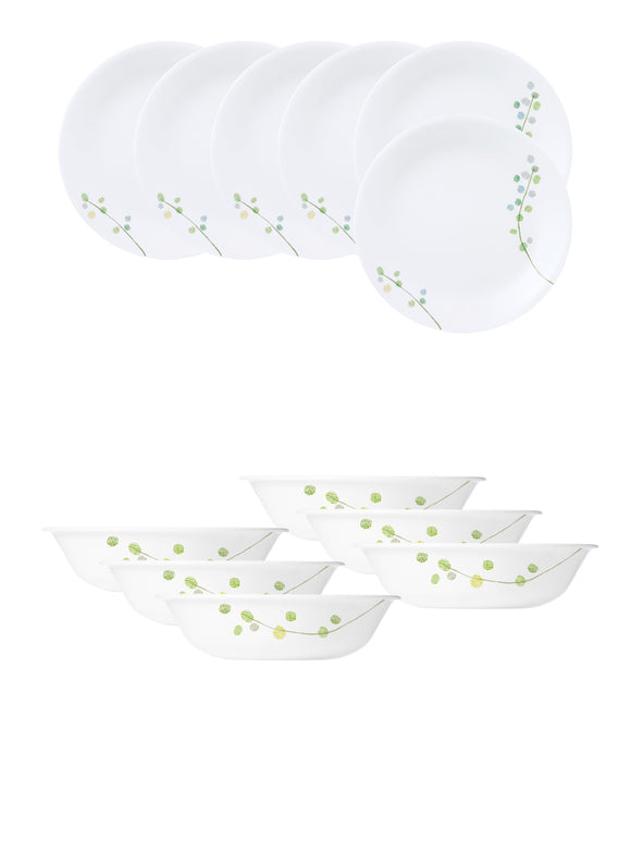 Corelle Livingware Plus Green Delight Breakfast Set (Pack of 12) 6 26cm Dinner Plates, 6 296ml Dessert Bowl