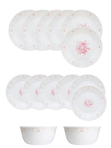 Corelle Asia Collection Gold Series Blooming Pink 14 Pcs Dinner Set (Pack of 14) 6 26cm Dinner Plates, 6 17cm Small Plates, 2 828ml Curry Bowl