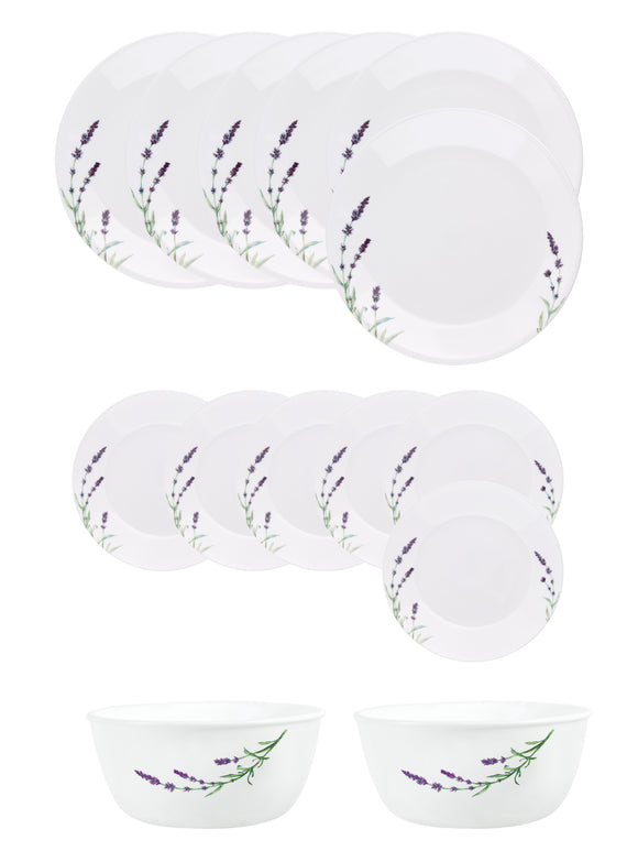 Corelle  Asia Collection Lavender Garden 14 Pcs Dinner Set (Pack of 14) 6 26cm Dinner Plates, 6 17cm Small Plates, 2 828ml Curry Bowl