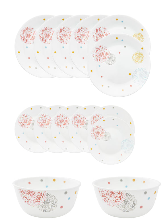Corelle  Asia Collection Pom Pom 14 Pcs Dinner Set (Pack of 14) 6 26cm Dinner Plates, 6 17cm Small Plates, 2 828ml Curry Bowl