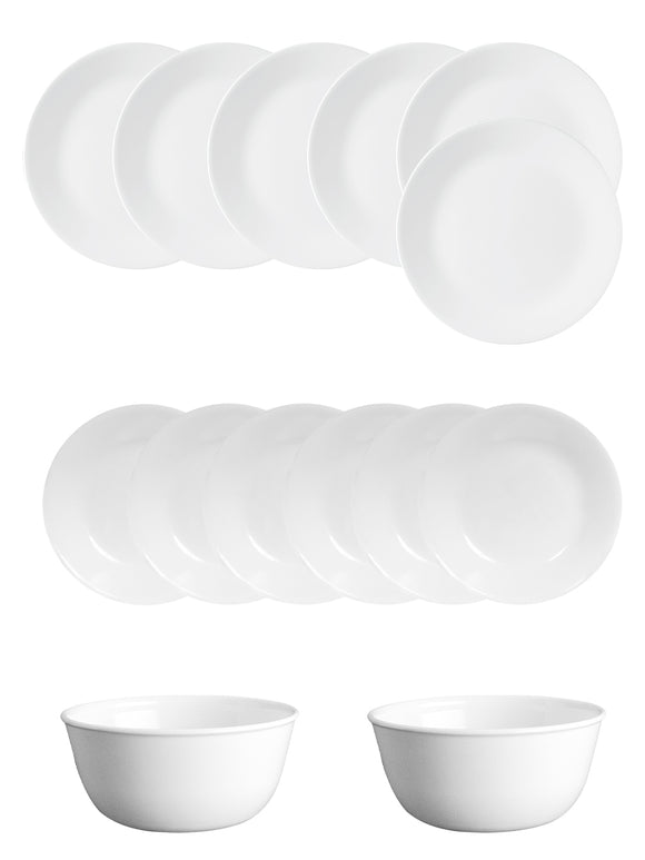 Corelle Livingware Winter Frost White 14 Pcs Dinner Set (Pack of 14) 6 26cm Dinner Plates, 6 17cm Small Plates, 2 828ml Curry Bowl